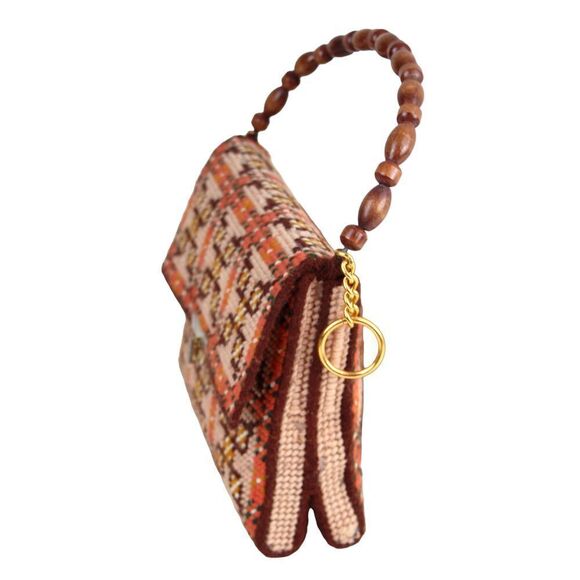 HANDMADE EMBROIDERED MULTICOLOR TAPESTRY WOOD HANDLE FLAP POCKETBOOK HANDBAG - Picture 3 of 14